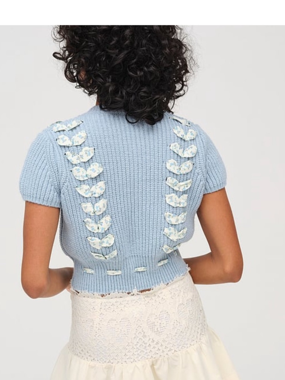 For Love & Lemons Powder Blue Cropped Knit Top with Floral Appliqué